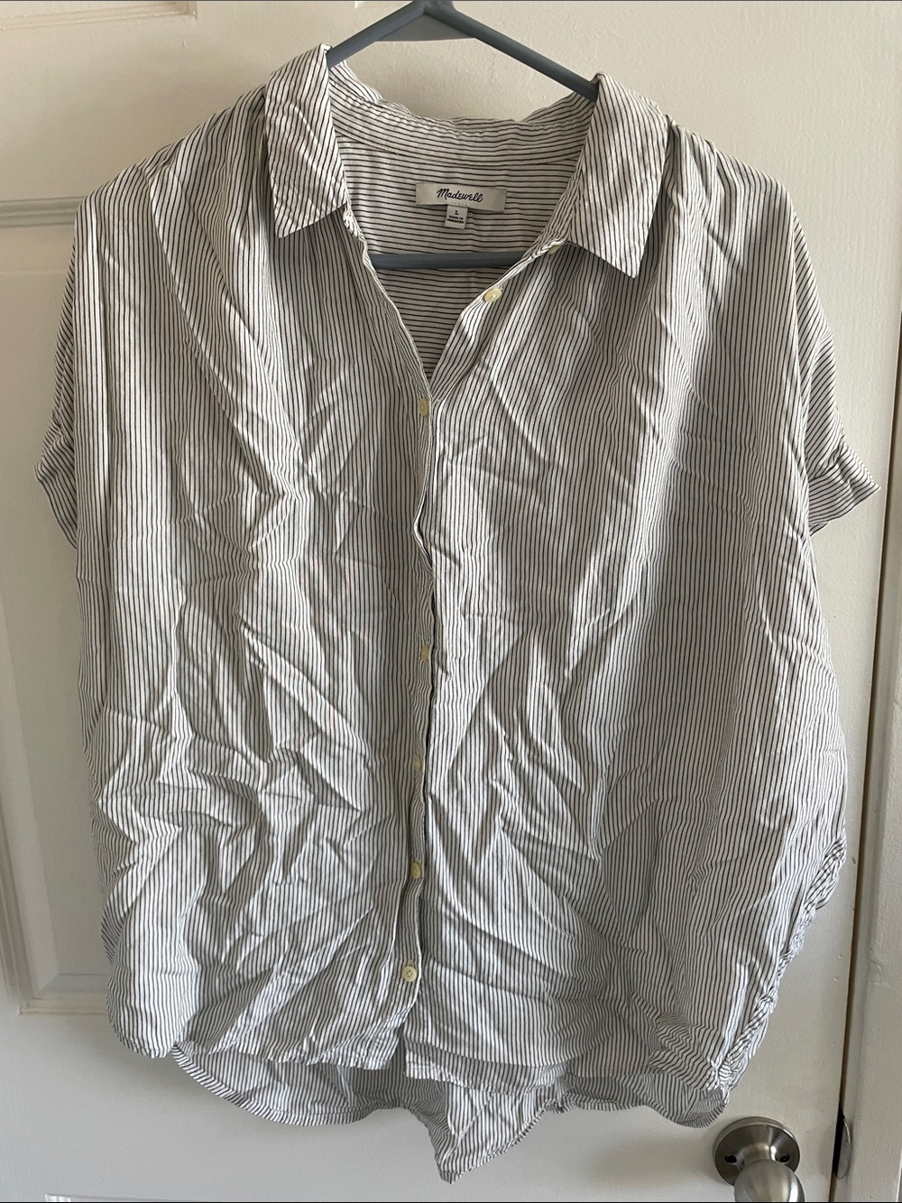 Madewell Women’s Short-Sleeve Pinstripe Button-Down Shirt - White & Black L
